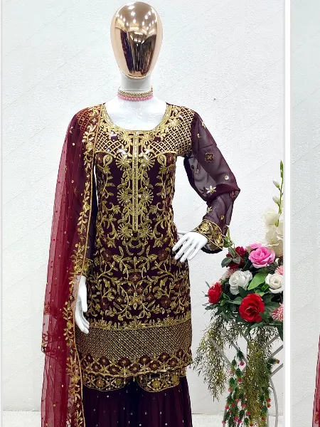 Maroon Top Sharara and Dupatta Set With Print Embroidery Pakistani Style Sharara