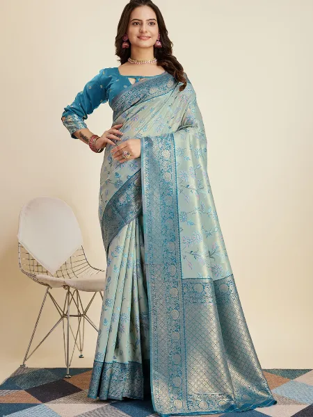 Sky Blue Pure Kanjivaram Silk Sari With Blouse and Floral Zari Weaving Work