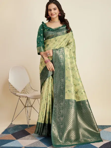 Lemon Green Pure Kanjivaram Silk Sari With Blouse and Floral Zari Weaving Work