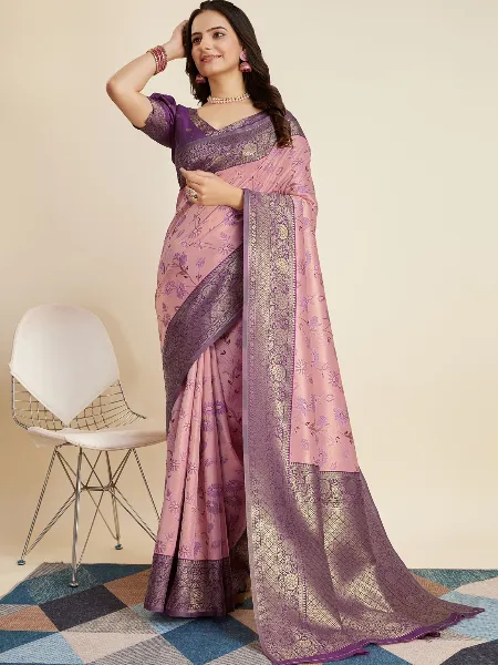 Light Pink Pure Kanjivaram Silk Sari With Blouse and Floral Zari Weaving Work