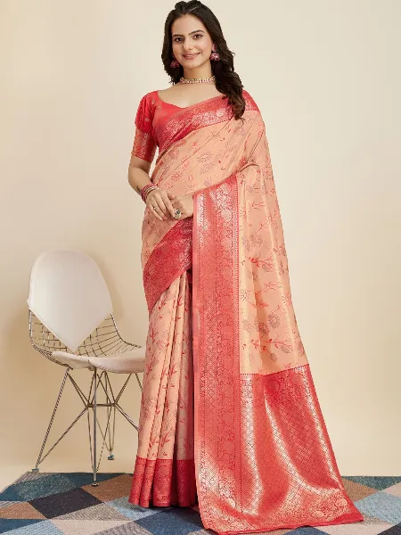 Peach Pure Kanjivaram Silk Sari With Blouse and Floral Zari Weaving Work