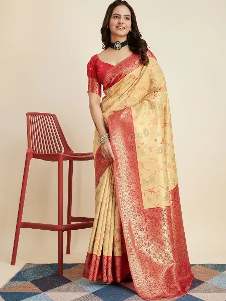 Yellow Pure Kanjivaram Silk Sari With Blouse and Floral Zari Weaving Work