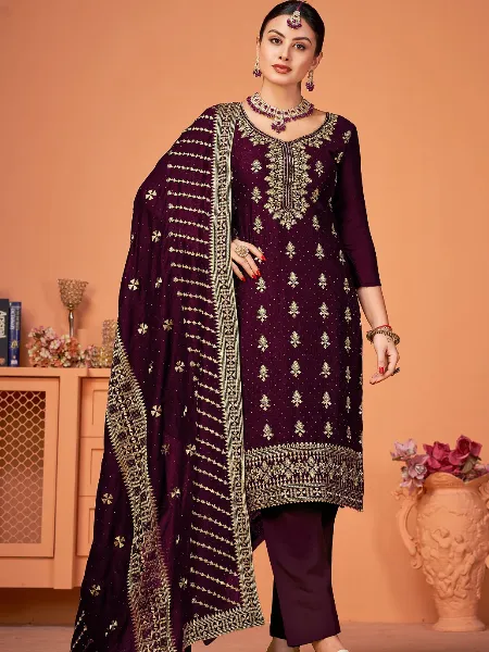 Wine Color Salwar Suit in Vichitra With Embroidery and Swarovski Diamond