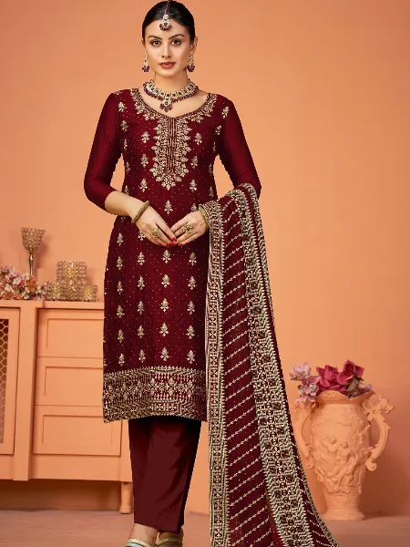Maroon Color Salwar Suit in Vichitra With Embroidery and Swarovski Diamond