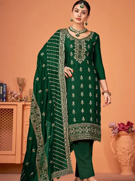 Green Color Salwar Suit in Vichitra With Embroidery and Swarovski Diamond