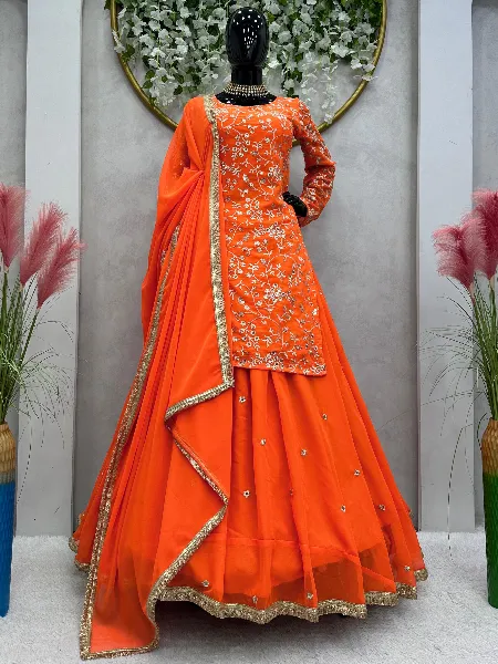Orange Indo Western in Georgette With Heavy Embroidery Work and Dupatta