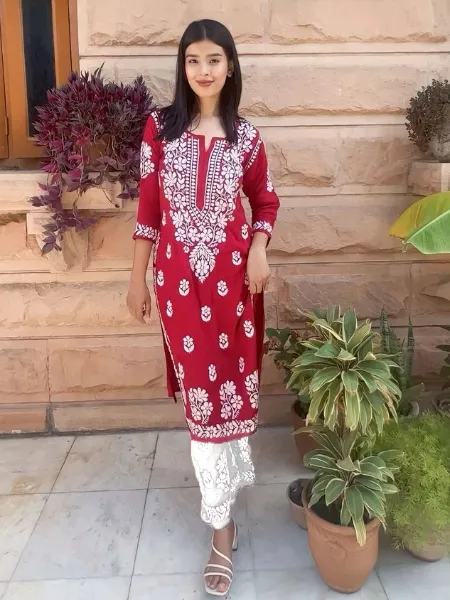 Kurti Pant Set in Maroon Color Rayon With Embroidery Work Daily Wear Kurta