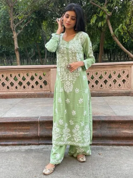 Kurti Pant Set in Pista Color Rayon With Embroidery Work Daily Wear Kurta