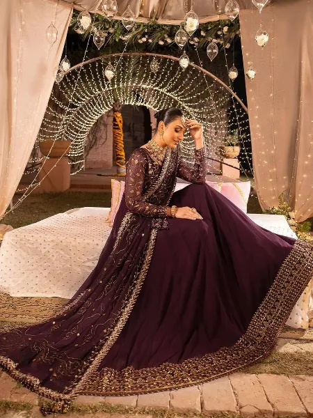 Wine Color Anarkali Gown With Heavy Embroidery Sequence Work in Georgette