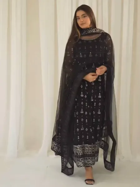 Black Color Georgette Gown With Heavy Sequence Embroidery and Dupatta