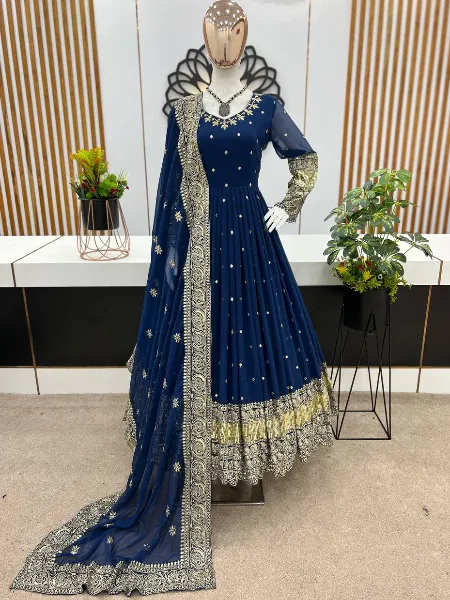 Blue Color Anarkali Gown With Heavy Embroidery Sequence Work in Georgette