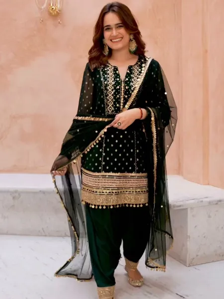 Green Punjabi Suit With Dhoti Patiyala in Georgette With Embroidery Work