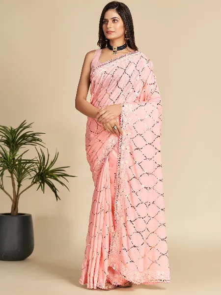 Peach Chinon Fabric Saree With Beautiful Sequins Embroidery and Blouse