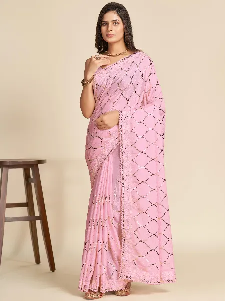 Pink Chinon Fabric Saree With Beautiful Sequins Embroidery and Blouse