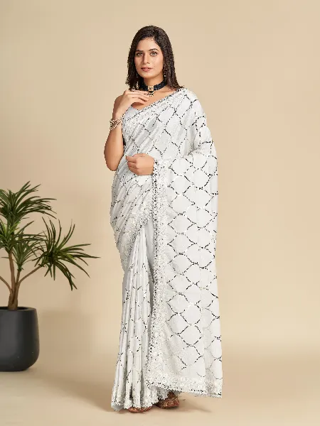 Grey Chinon Fabric Saree With Beautiful Sequins Embroidery and Blouse