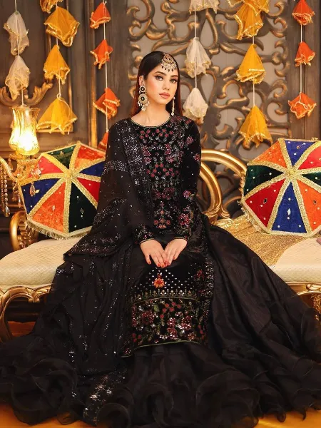 Black Pakistani Wedding Indo Western in Velvet With Heavy Embroidery Dupatta
