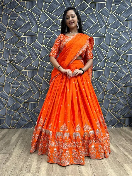 Ready to Wear Lehenga Choli in Orange Color Chinon Fabric With Embroidery Work