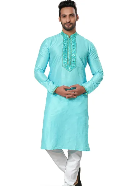 Sky Blue Mens Traditional Kurta Pajama Set in Heavy Silk With Embroidery Work