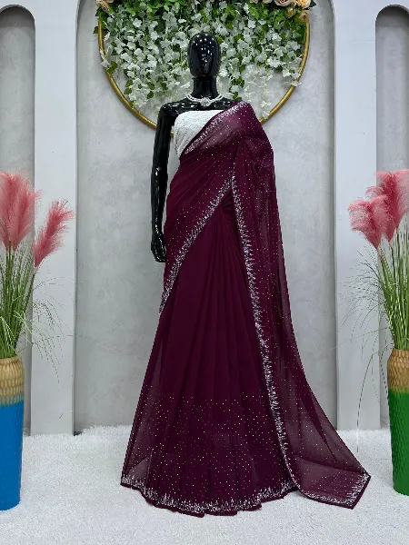Wine Color Saree in Georgette With Hot Fix Stone Work and Beautiful Blouse