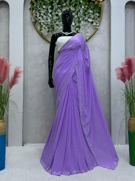 Lavender Color Saree in Georgette With Hot Fix Stone Work and Beautiful Blouse