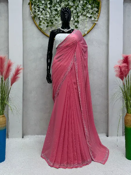 Light Pink Color Saree in Georgette With Hot Fix Stone Work and Beautiful Blouse