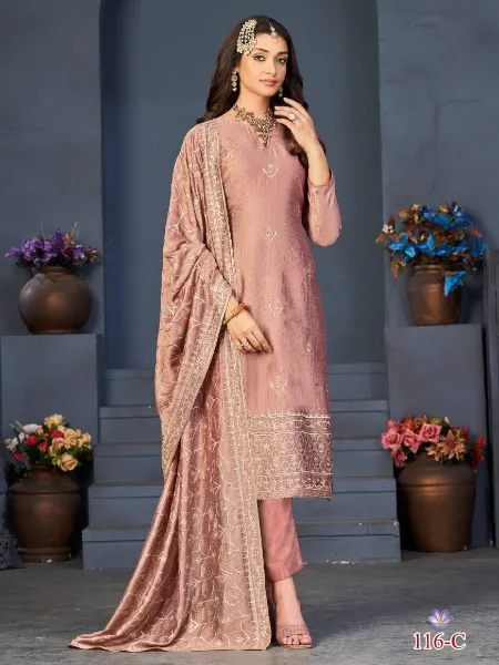 Peach Color Salwar Suit in Vichitra With Embroidery and Swarovski Diamond
