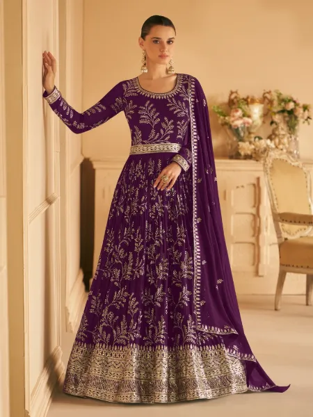 Wine Anarkali Dress in Georgette With Heavy Sequence Embroidery Anarkali