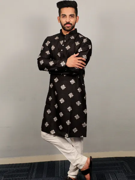 Black Mens Traditional Kurta Pajama Set in Parbon Silk With Copper Sequence