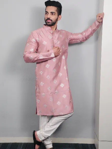 Light Pink Mens Traditional Kurta Pajama Set in Parbon Silk With Copper Sequence
