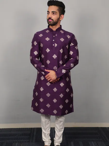 Purple Mens Traditional Kurta Pajama Set in Parbon Silk With Copper Sequence
