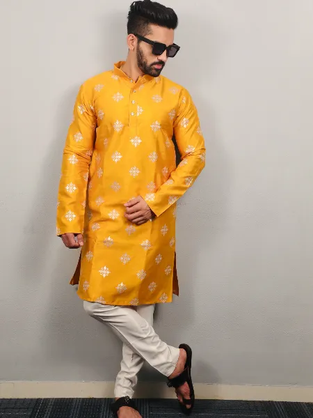 Yellow Mens Traditional Kurta Pajama Set in Parbon Silk With Copper Sequence