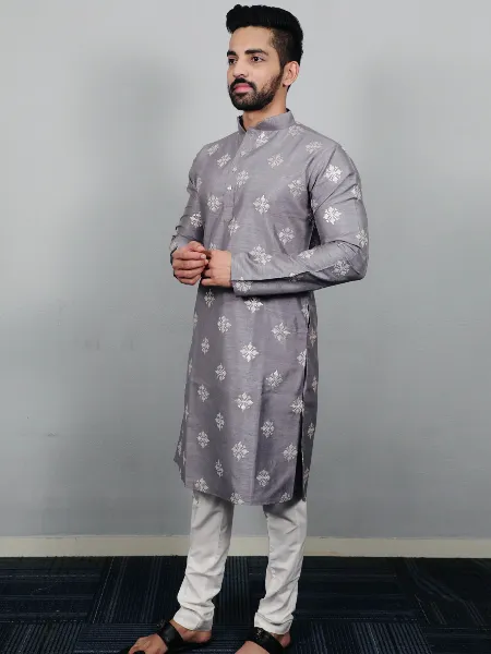 Grey Mens Traditional Kurta Pajama Set in Parbon Silk With Copper Sequence