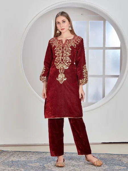 Maroon Color Velvet Salwar Suit With Pant and Embroidery Work Ready to Wear