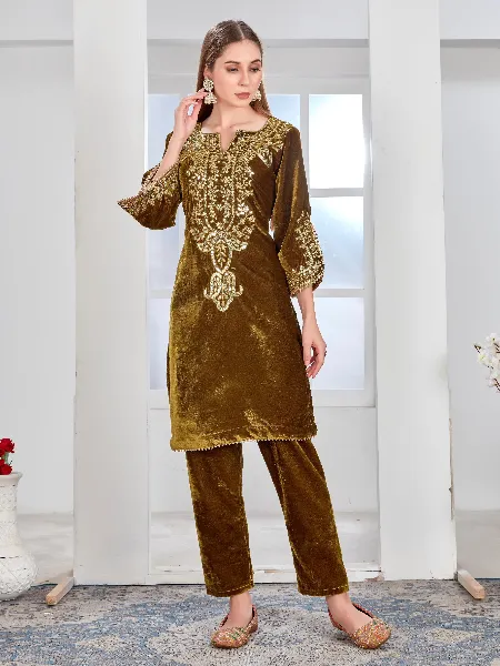 Mehendi Color Velvet Salwar Suit With Pant and Embroidery Work Ready to Wear