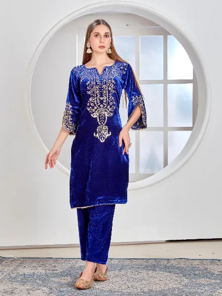 Royal Blue Color Velvet Salwar Suit With Pant and Embroidery Work Ready to Wear