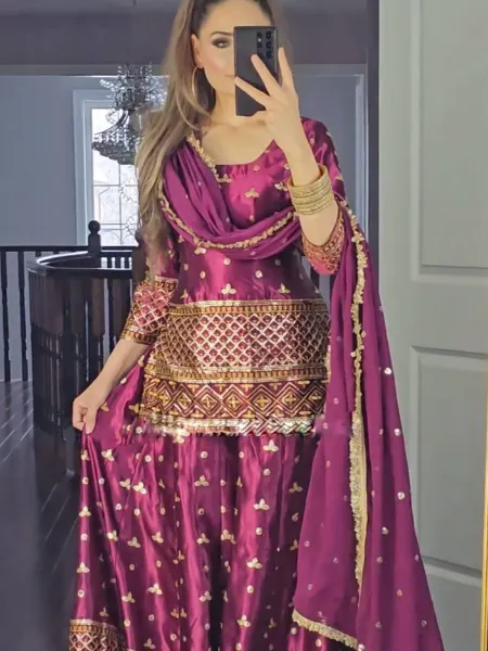 Purple Color Top Palazzo Suit With Dupatta Set in Satin With Embroidery Work