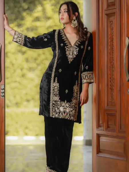 Black Color Velvet Suit With Pant and Dupatta Embroidery Work Ready to Wear