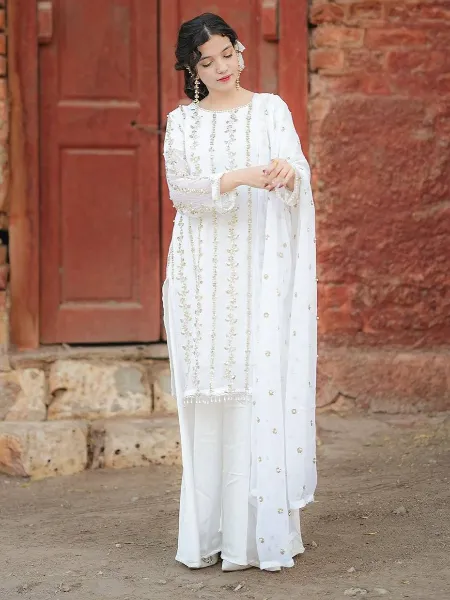 White Indian Designer Salwar Suit with Heavy Sequence Embroidery Work Dupatta