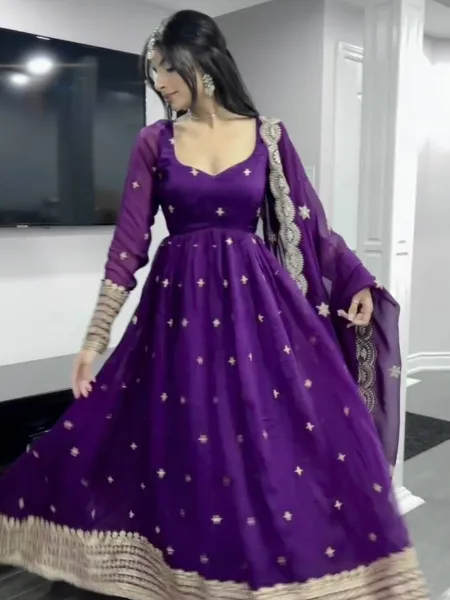 Purple Indian Designer Gown With Heavy Sequence Embroidery Work Dupatta