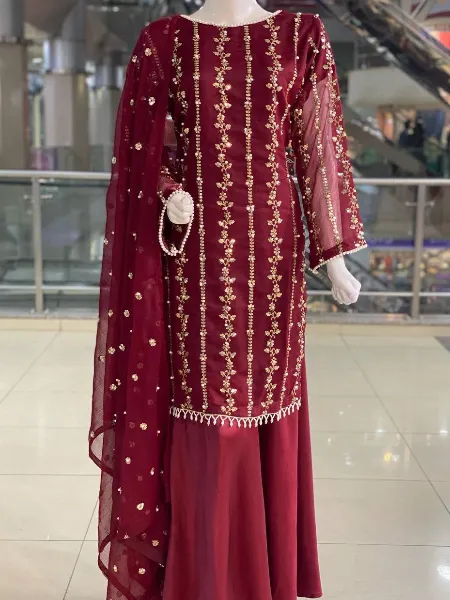 Maroon Indian Designer Salwar Suit with Heavy Sequence Embroidery Work Dupatta