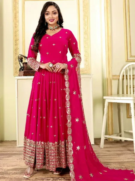 Pink Indian Designer Gown With Heavy Sequence Embroidery Work Dupatta