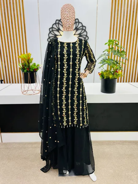 Black Indian Designer Salwar Suit with Heavy Sequence Embroidery Work Dupatta