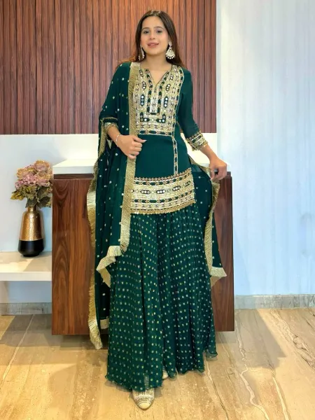 Green Color Top Sharara Suit With Dupatta in Georgette With Embroidery Work