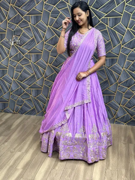 Lavender Ready to Wear Lehenga Choli in Chinon Fabric With Sequins Embroidery