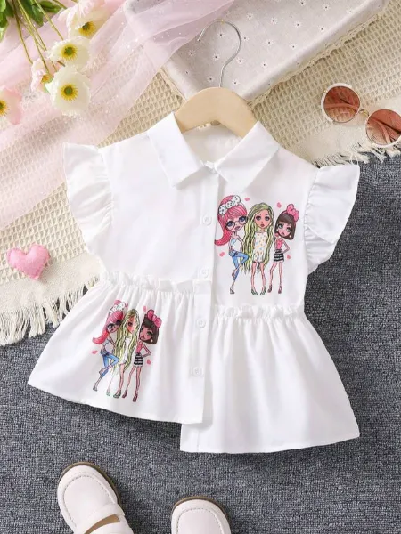 Toddler Girl White Portraits Shirt With Ruffle Short-Sleeves in Crepe