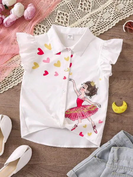 Kids White Cute Dancing Girl Print Shirt With Ruffle Sleeves and Hem Collar