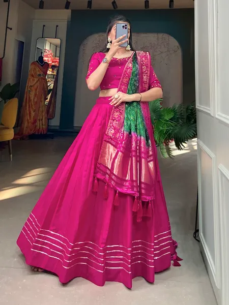 Pink Color Pure Cotton Ready to Wear Lehenga Choli With Gaji Silk Dupatta