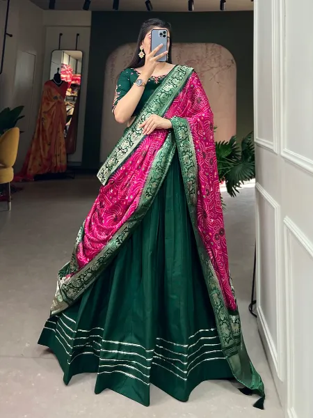 Green Color Pure Cotton Ready to Wear Lehenga Choli With Gaji Silk Dupatta