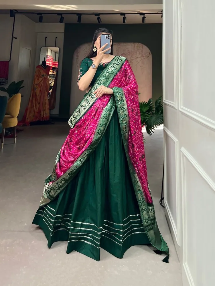 Shop Bollywood Lehenga - Green And Pink Embroidery Wedding Lehenga Choli  With Belt At Hatkay