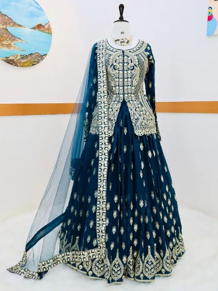 Blue Indo Western in Georgette With Heavy Embroidery Work and Dupatta